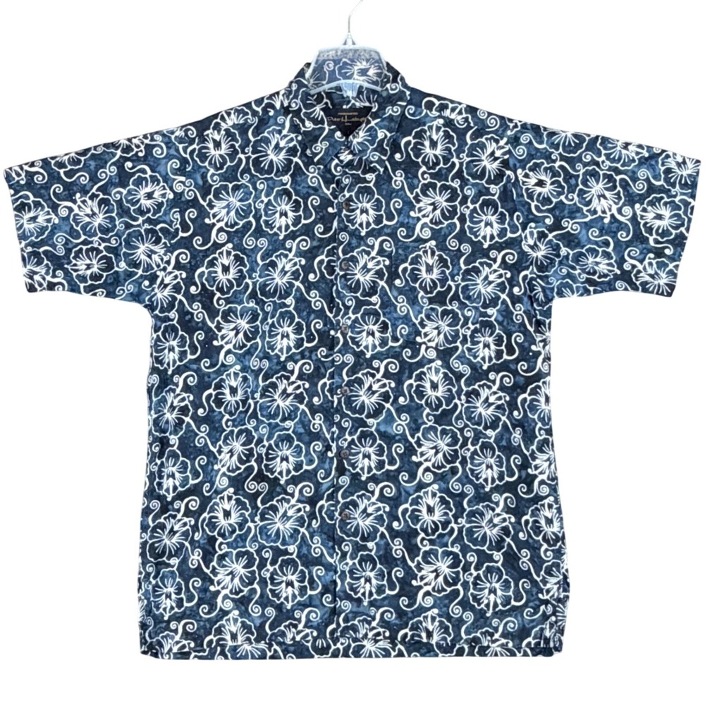 Pete Huntington Bali Men's L Blue Floral Batik Cotton Button Down Shirt Summer